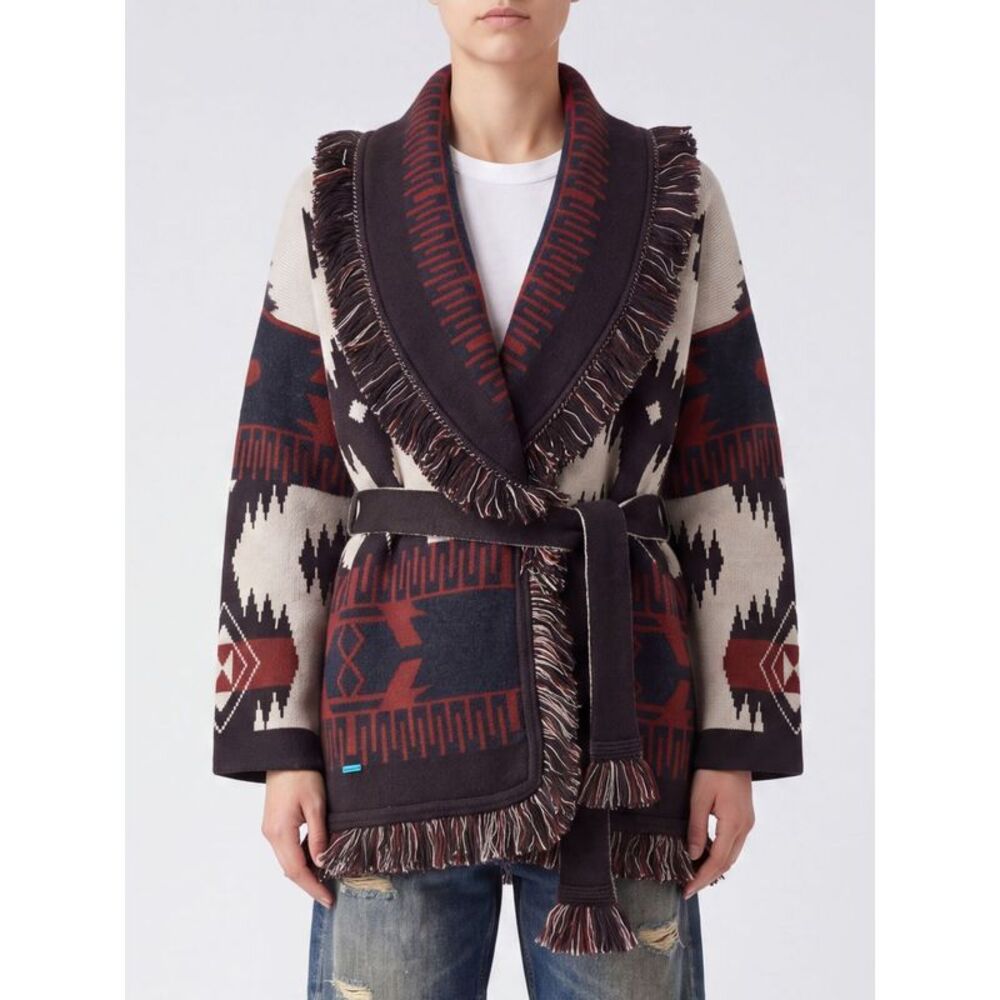 Alanui Women Alanui Robe Cardigan In Cashmere With Ethnic Pattern And Fringes